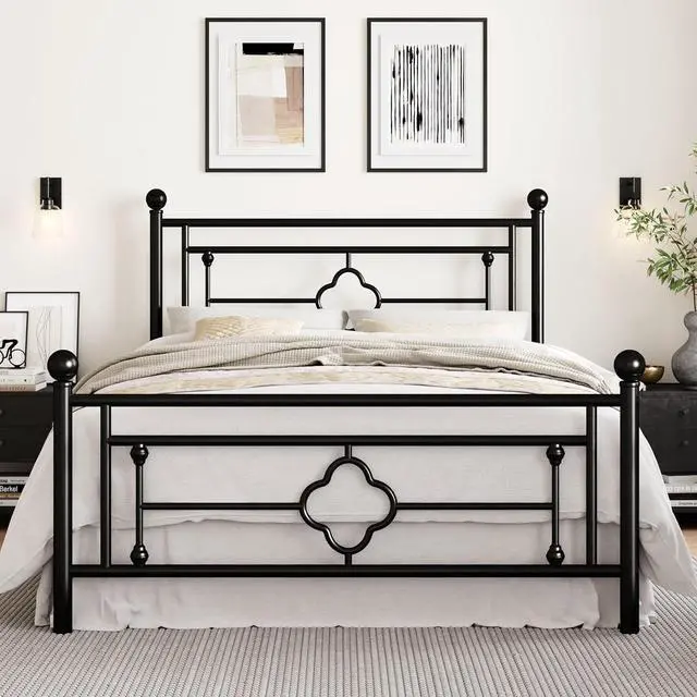 Main image of 14 Inches Queen Size Metal Platform Bed Frame/Vintage Iron-Art Headboard and Footboard/Mattress Foundation for Storage/No Box Spring Needed/Noise-Free/Easy Assembly/Black