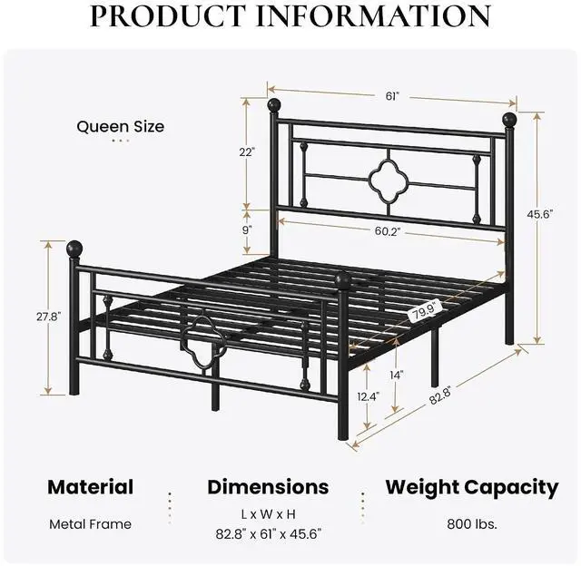 Alt view image 2 of 7 - 14 Inches Queen Size Metal Platform Bed Frame/Vintage Iron-Art Headboard and Footboard/Mattress Foundation for Storage/No Box Spring Needed/Noise-Free/Easy Assembly/Black
