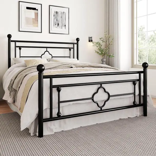 Alt view image 3 of 7 - 14 Inches Queen Size Metal Platform Bed Frame/Vintage Iron-Art Headboard and Footboard/Mattress Foundation for Storage/No Box Spring Needed/Noise-Free/Easy Assembly/Black