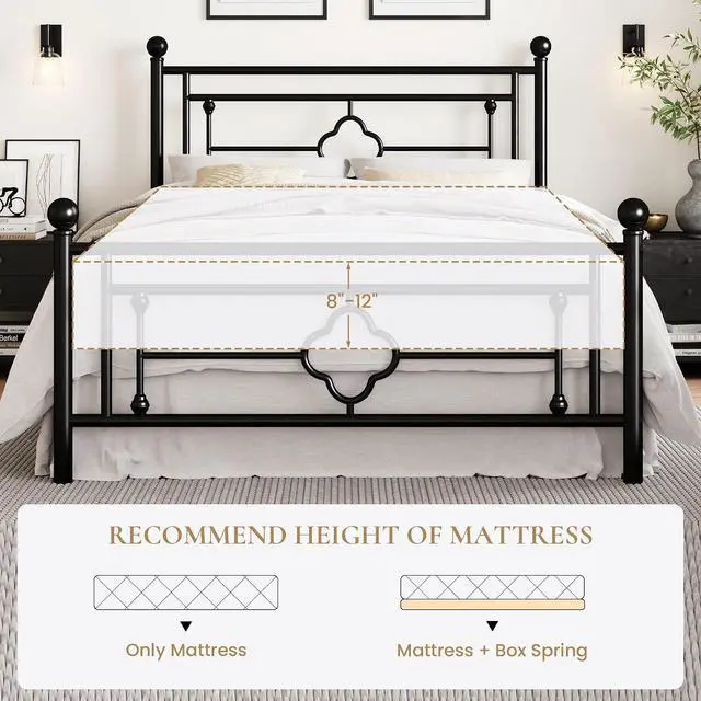 Alt view image 7 of 7 - 14 Inches Queen Size Metal Platform Bed Frame/Vintage Iron-Art Headboard and Footboard/Mattress Foundation for Storage/No Box Spring Needed/Noise-Free/Easy Assembly/Black