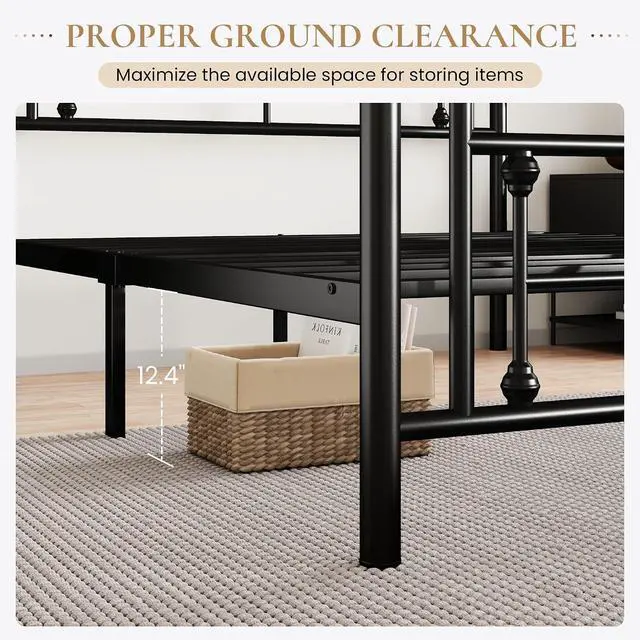 Alt view image 5 of 7 - 14 Inches Queen Size Metal Platform Bed Frame/Vintage Iron-Art Headboard and Footboard/Mattress Foundation for Storage/No Box Spring Needed/Noise-Free/Easy Assembly/Black