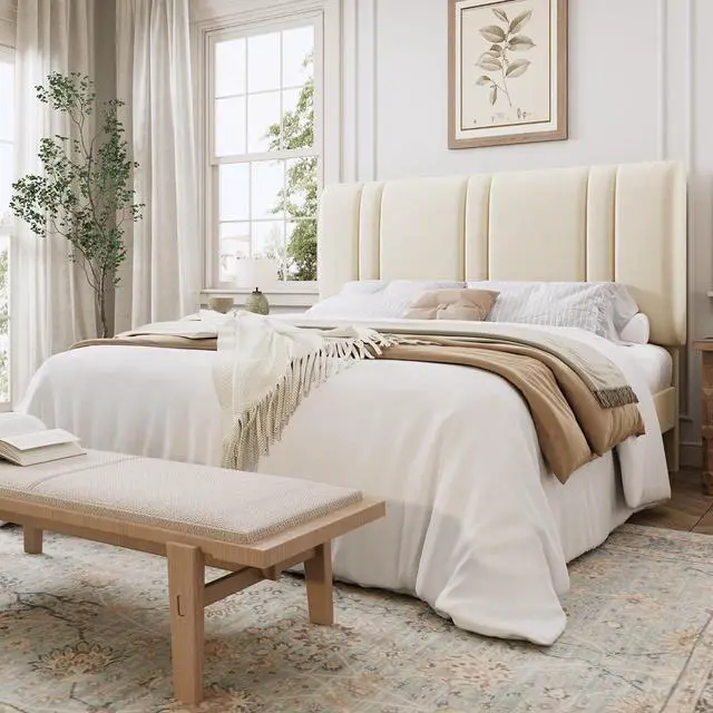 Main image of Queen Size Platform Bed Frame, Velvet Upholstered Bed with Adjustable Headboard, Vertical Channel Tufted Design, Sturdy Wood Slat Support, No Box Spring Needed, Easy Assembly, Cream White