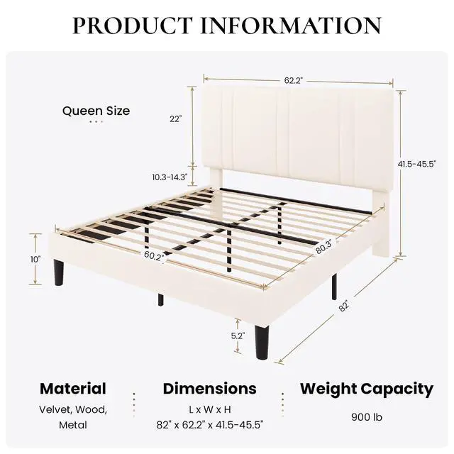 Alt view image 2 of 7 - Queen Size Platform Bed Frame, Velvet Upholstered Bed with Adjustable Headboard, Vertical Channel Tufted Design, Sturdy Wood Slat Support, No Box Spring Needed, Easy Assembly, Cream White