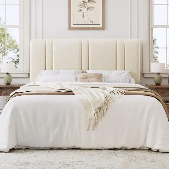Alt view image 3 of 7 - Queen Size Platform Bed Frame, Velvet Upholstered Bed with Adjustable Headboard, Vertical Channel Tufted Design, Sturdy Wood Slat Support, No Box Spring Needed, Easy Assembly, Cream White