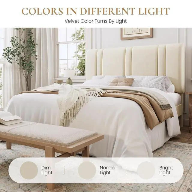 Alt view image 7 of 7 - Queen Size Platform Bed Frame, Velvet Upholstered Bed with Adjustable Headboard, Vertical Channel Tufted Design, Sturdy Wood Slat Support, No Box Spring Needed, Easy Assembly, Cream White