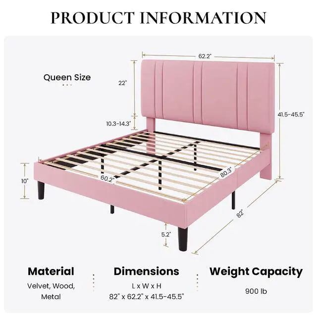 Alt view image 2 of 7 - Queen Size Platform Bed Frame, Velvet Upholstered Bed with Adjustable Headboard, Vertical Channel Tufted Design, Sturdy Wood Slat Support, No Box Spring Needed, Easy Assembly, Pink