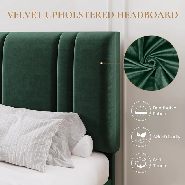 Alt view image 4 of 7 - King Size Platform Bed Frame, Velvet Upholstered Bed with Adjustable Headboard, Vertical Channel Tufted Design, Sturdy Wood Slat Support, No Box Spring Needed, Easy Assembly, Green