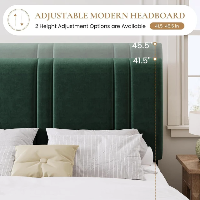 Alt view image 5 of 7 - King Size Platform Bed Frame, Velvet Upholstered Bed with Adjustable Headboard, Vertical Channel Tufted Design, Sturdy Wood Slat Support, No Box Spring Needed, Easy Assembly, Green