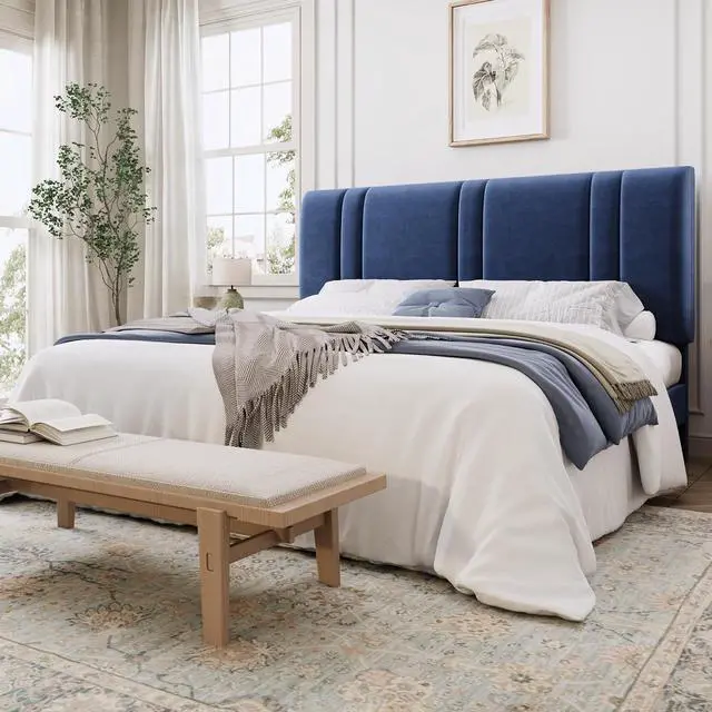 Main image of King Size Platform Bed Frame, Velvet Upholstered Bed with Adjustable Headboard, Vertical Channel Tufted Design, Sturdy Wood Slat Support, No Box Spring Needed, Easy Assembly, Dark Blue