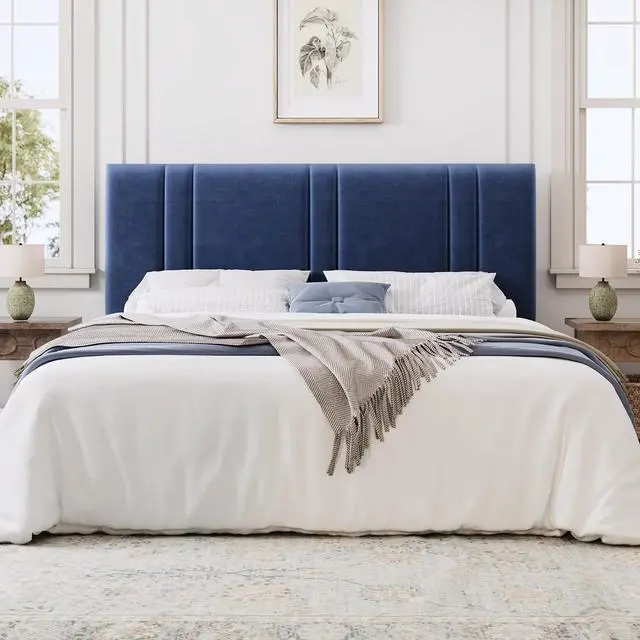 Alt view image 3 of 7 - King Size Platform Bed Frame, Velvet Upholstered Bed with Adjustable Headboard, Vertical Channel Tufted Design, Sturdy Wood Slat Support, No Box Spring Needed, Easy Assembly, Dark Blue
