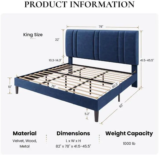 Alt view image 2 of 7 - King Size Platform Bed Frame, Velvet Upholstered Bed with Adjustable Headboard, Vertical Channel Tufted Design, Sturdy Wood Slat Support, No Box Spring Needed, Easy Assembly, Dark Blue