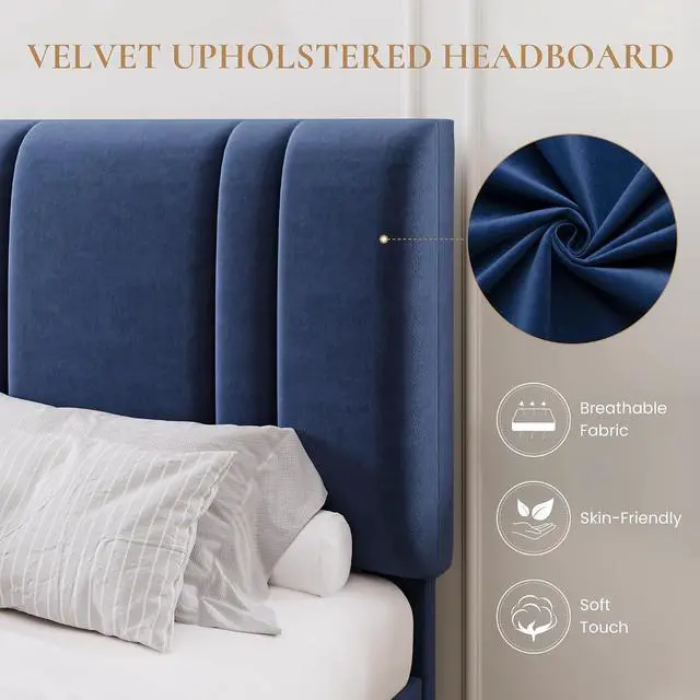 Alt view image 4 of 7 - King Size Platform Bed Frame, Velvet Upholstered Bed with Adjustable Headboard, Vertical Channel Tufted Design, Sturdy Wood Slat Support, No Box Spring Needed, Easy Assembly, Dark Blue