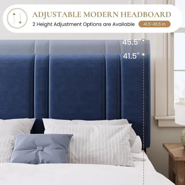 Alt view image 5 of 7 - King Size Platform Bed Frame, Velvet Upholstered Bed with Adjustable Headboard, Vertical Channel Tufted Design, Sturdy Wood Slat Support, No Box Spring Needed, Easy Assembly, Dark Blue