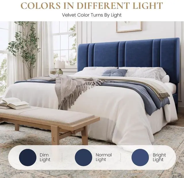 Alt view image 7 of 7 - King Size Platform Bed Frame, Velvet Upholstered Bed with Adjustable Headboard, Vertical Channel Tufted Design, Sturdy Wood Slat Support, No Box Spring Needed, Easy Assembly, Dark Blue