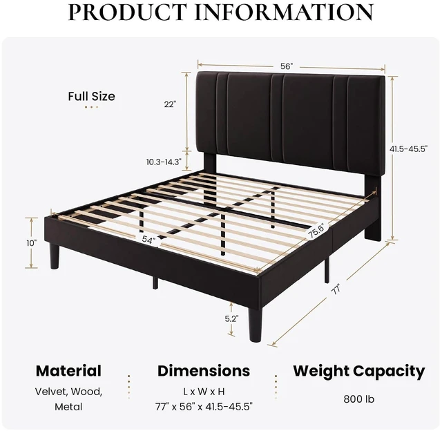 Alt view image 2 of 7 - Full Size Platform Bed Frame, Velvet Upholstered Bed with Adjustable Headboard, Vertical Channel Tufted Design, Sturdy Wood Slat Support, No Box Spring Needed, Easy Assembly, Black