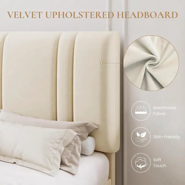Alt view image 4 of 7 - Queen Size Platform Bed Frame, Velvet Upholstered Bed with Adjustable Headboard, Vertical Channel Tufted Design, Sturdy Wood Slat Support, No Box Spring Needed, Easy Assembly, Cream White