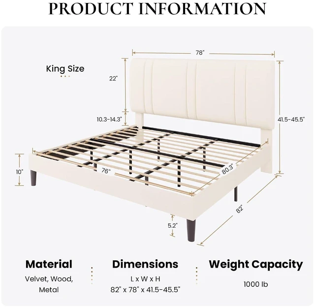 Alt view image 2 of 7 - King Size Platform Bed Frame, Velvet Upholstered Bed with Adjustable Headboard, Vertical Channel Tufted Design, Sturdy Wood Slat Support, No Box Spring Needed, Easy Assembly, Cream White