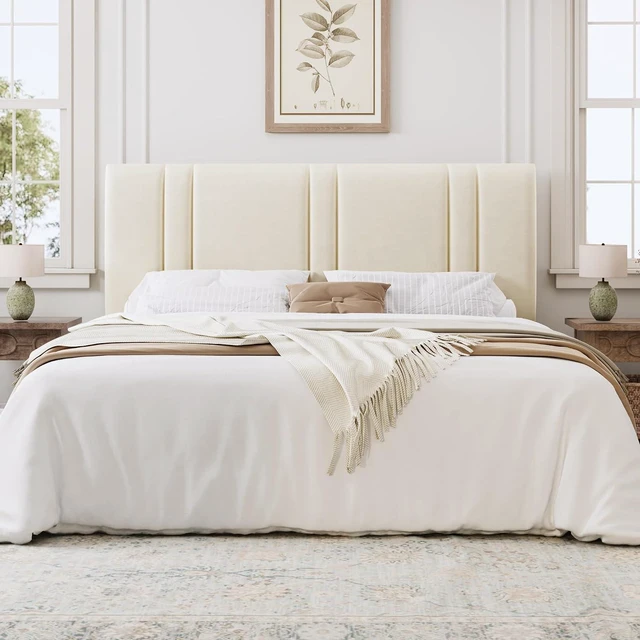 Alt view image 3 of 7 - King Size Platform Bed Frame, Velvet Upholstered Bed with Adjustable Headboard, Vertical Channel Tufted Design, Sturdy Wood Slat Support, No Box Spring Needed, Easy Assembly, Cream White