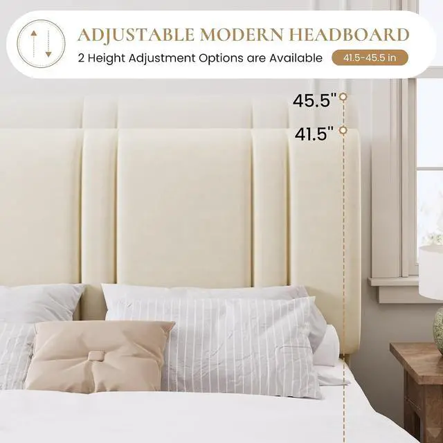 Alt view image 5 of 7 - Full Size Platform Bed Frame, Velvet Upholstered Bed with Adjustable Headboard, Vertical Channel Tufted Design, Sturdy Wood Slat Support, No Box Spring Needed, Easy Assembly, Cream White