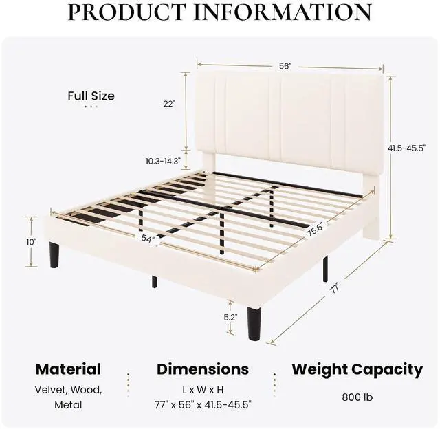 Alt view image 2 of 7 - Full Size Platform Bed Frame, Velvet Upholstered Bed with Adjustable Headboard, Vertical Channel Tufted Design, Sturdy Wood Slat Support, No Box Spring Needed, Easy Assembly, Cream White