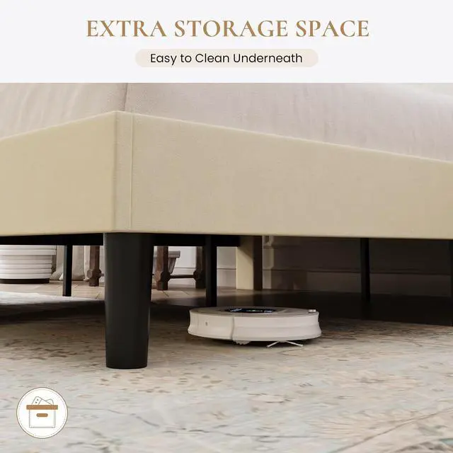 Alt view image 6 of 7 - Full Size Platform Bed Frame, Velvet Upholstered Bed with Adjustable Headboard, Vertical Channel Tufted Design, Sturdy Wood Slat Support, No Box Spring Needed, Easy Assembly, Cream White