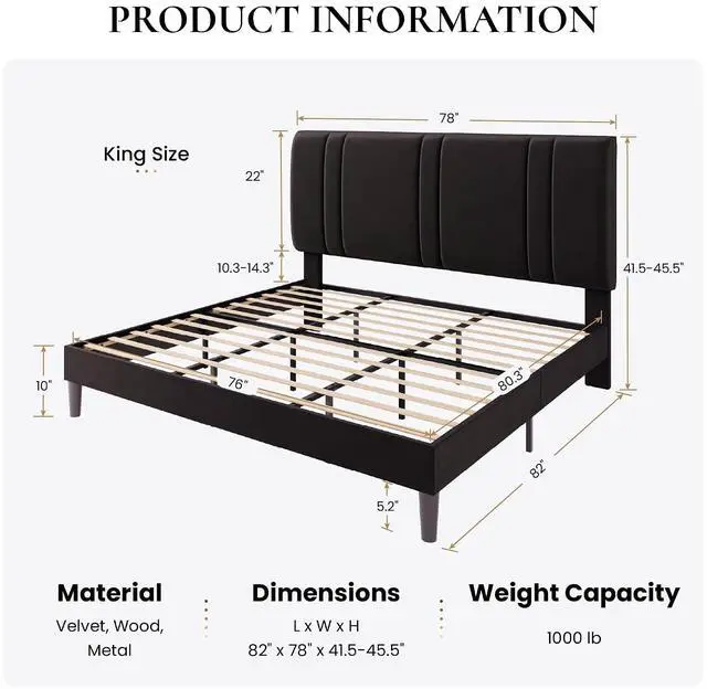 Alt view image 2 of 7 - King Size Platform Bed Frame, Velvet Upholstered Bed with Adjustable Headboard, Vertical Channel Tufted Design, Sturdy Wood Slat Support, No Box Spring Needed, Easy Assembly, Black
