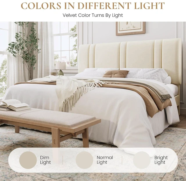 Alt view image 7 of 7 - King Size Platform Bed Frame, Velvet Upholstered Bed with Adjustable Headboard, Vertical Channel Tufted Design, Sturdy Wood Slat Support, No Box Spring Needed, Easy Assembly, Cream White