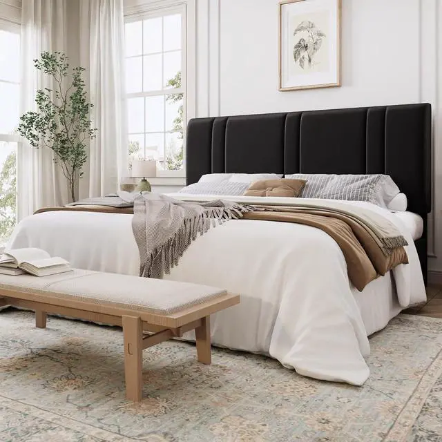 Main image of King Size Platform Bed Frame, Velvet Upholstered Bed with Adjustable Headboard, Vertical Channel Tufted Design, Sturdy Wood Slat Support, No Box Spring Needed, Easy Assembly, Black