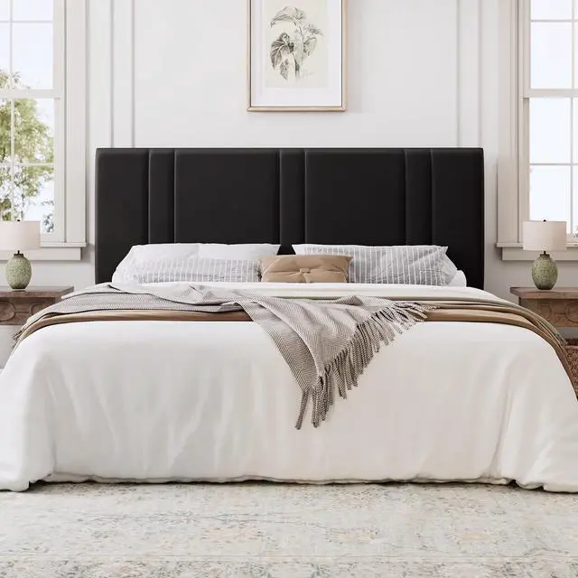 Alt view image 3 of 7 - King Size Platform Bed Frame, Velvet Upholstered Bed with Adjustable Headboard, Vertical Channel Tufted Design, Sturdy Wood Slat Support, No Box Spring Needed, Easy Assembly, Black
