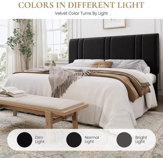 Alt view image 7 of 7 - King Size Platform Bed Frame, Velvet Upholstered Bed with Adjustable Headboard, Vertical Channel Tufted Design, Sturdy Wood Slat Support, No Box Spring Needed, Easy Assembly, Black