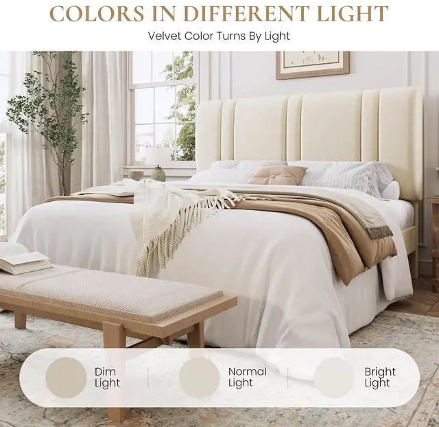 Alt view image 7 of 7 - Full Size Platform Bed Frame, Velvet Upholstered Bed with Adjustable Headboard, Vertical Channel Tufted Design, Sturdy Wood Slat Support, No Box Spring Needed, Easy Assembly, Cream White