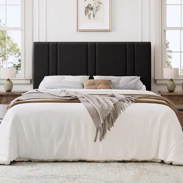 Alt view image 3 of 7 - Queen Size Platform Bed Frame, Velvet Upholstered Bed with Adjustable Headboard, Vertical Channel Tufted Design, Sturdy Wood Slat Support, No Box Spring Needed, Easy Assembly, Black