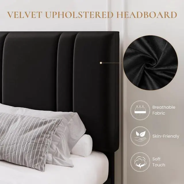 Alt view image 4 of 7 - Queen Size Platform Bed Frame, Velvet Upholstered Bed with Adjustable Headboard, Vertical Channel Tufted Design, Sturdy Wood Slat Support, No Box Spring Needed, Easy Assembly, Black