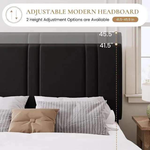Alt view image 5 of 7 - Queen Size Platform Bed Frame, Velvet Upholstered Bed with Adjustable Headboard, Vertical Channel Tufted Design, Sturdy Wood Slat Support, No Box Spring Needed, Easy Assembly, Black