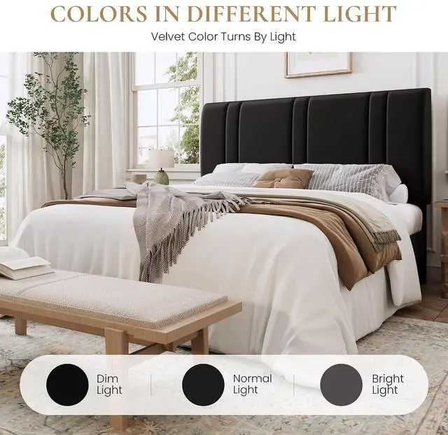 Alt view image 7 of 7 - Queen Size Platform Bed Frame, Velvet Upholstered Bed with Adjustable Headboard, Vertical Channel Tufted Design, Sturdy Wood Slat Support, No Box Spring Needed, Easy Assembly, Black