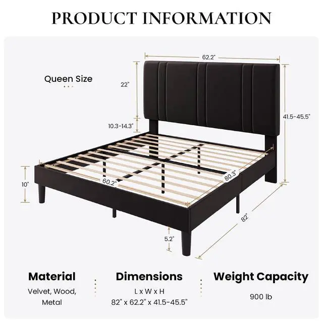 Alt view image 2 of 7 - Queen Size Platform Bed Frame, Velvet Upholstered Bed with Adjustable Headboard, Vertical Channel Tufted Design, Sturdy Wood Slat Support, No Box Spring Needed, Easy Assembly, Black