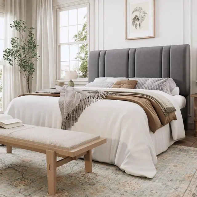 Main image of Queen Size Platform Bed Frame, Velvet Upholstered Bed with Adjustable Headboard, Vertical Channel Tufted Design, Sturdy Wood Slat Support, No Box Spring Needed, Easy Assembly, Light Grey