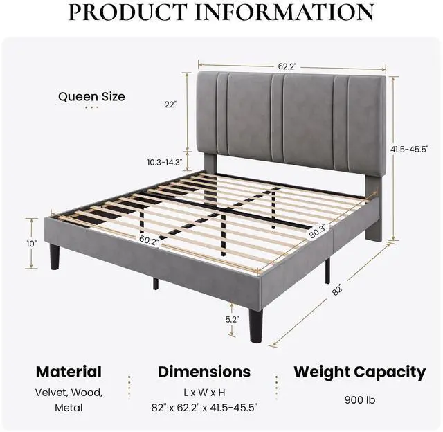 Alt view image 2 of 7 - Queen Size Platform Bed Frame, Velvet Upholstered Bed with Adjustable Headboard, Vertical Channel Tufted Design, Sturdy Wood Slat Support, No Box Spring Needed, Easy Assembly, Light Grey