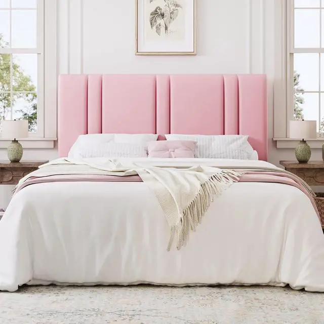 Alt view image 3 of 7 - Queen Size Platform Bed Frame, Velvet Upholstered Bed with Adjustable Headboard, Vertical Channel Tufted Design, Sturdy Wood Slat Support, No Box Spring Needed, Easy Assembly, Pink