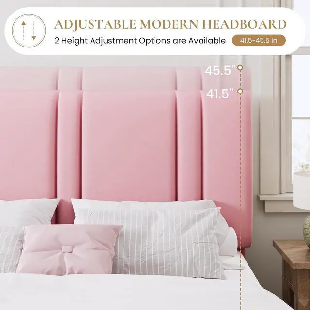 Alt view image 5 of 7 - Queen Size Platform Bed Frame, Velvet Upholstered Bed with Adjustable Headboard, Vertical Channel Tufted Design, Sturdy Wood Slat Support, No Box Spring Needed, Easy Assembly, Pink