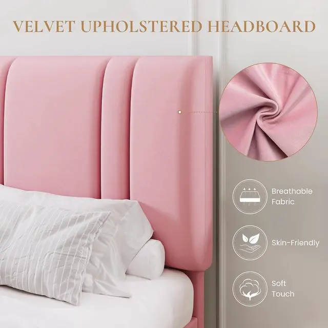 Alt view image 4 of 7 - Queen Size Platform Bed Frame, Velvet Upholstered Bed with Adjustable Headboard, Vertical Channel Tufted Design, Sturdy Wood Slat Support, No Box Spring Needed, Easy Assembly, Pink
