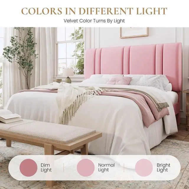 Alt view image 7 of 7 - Queen Size Platform Bed Frame, Velvet Upholstered Bed with Adjustable Headboard, Vertical Channel Tufted Design, Sturdy Wood Slat Support, No Box Spring Needed, Easy Assembly, Pink
