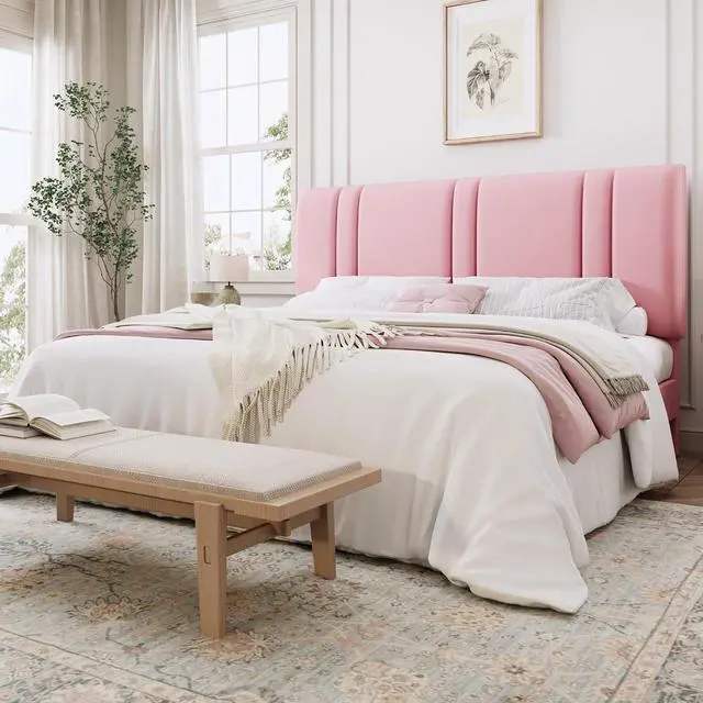 Main image of King Size Platform Bed Frame, Velvet Upholstered Bed with Adjustable Headboard, Vertical Channel Tufted Design, Sturdy Wood Slat Support, No Box Spring Needed, Easy Assembly, Pink