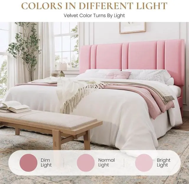 Alt view image 7 of 7 - King Size Platform Bed Frame, Velvet Upholstered Bed with Adjustable Headboard, Vertical Channel Tufted Design, Sturdy Wood Slat Support, No Box Spring Needed, Easy Assembly, Pink