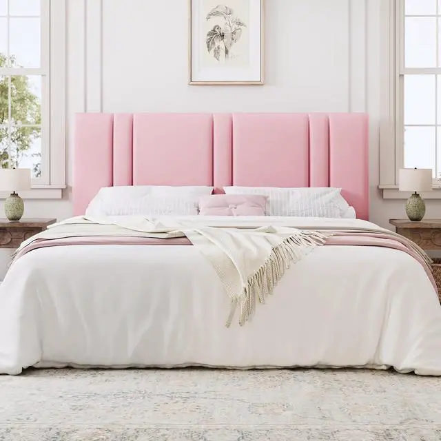 Alt view image 3 of 7 - King Size Platform Bed Frame, Velvet Upholstered Bed with Adjustable Headboard, Vertical Channel Tufted Design, Sturdy Wood Slat Support, No Box Spring Needed, Easy Assembly, Pink