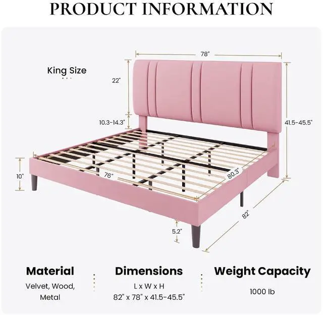 Alt view image 2 of 7 - King Size Platform Bed Frame, Velvet Upholstered Bed with Adjustable Headboard, Vertical Channel Tufted Design, Sturdy Wood Slat Support, No Box Spring Needed, Easy Assembly, Pink