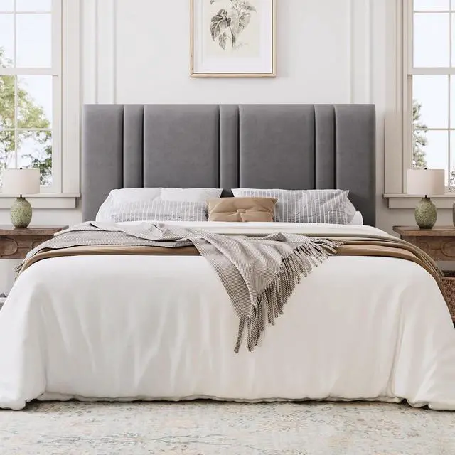 Alt view image 3 of 7 - Queen Size Platform Bed Frame, Velvet Upholstered Bed with Adjustable Headboard, Vertical Channel Tufted Design, Sturdy Wood Slat Support, No Box Spring Needed, Easy Assembly, Light Grey