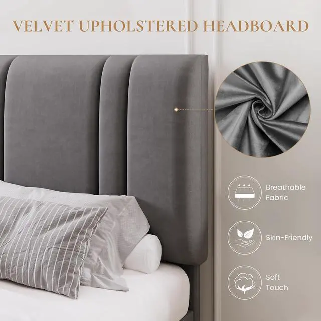 Alt view image 4 of 7 - Queen Size Platform Bed Frame, Velvet Upholstered Bed with Adjustable Headboard, Vertical Channel Tufted Design, Sturdy Wood Slat Support, No Box Spring Needed, Easy Assembly, Light Grey