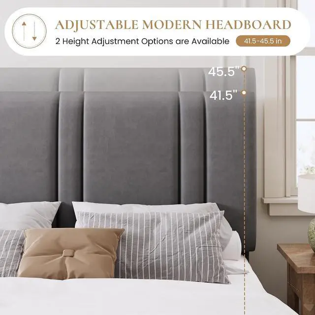 Alt view image 5 of 7 - Queen Size Platform Bed Frame, Velvet Upholstered Bed with Adjustable Headboard, Vertical Channel Tufted Design, Sturdy Wood Slat Support, No Box Spring Needed, Easy Assembly, Light Grey