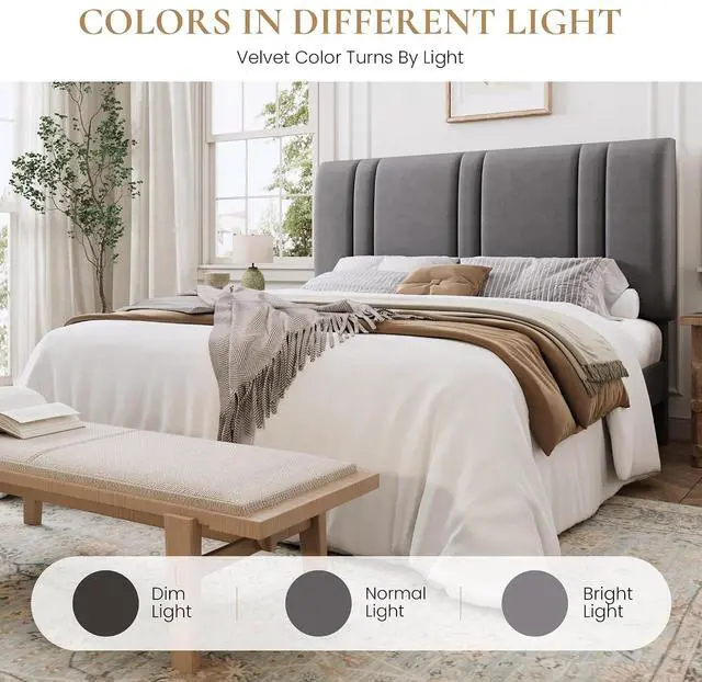 Alt view image 7 of 7 - Queen Size Platform Bed Frame, Velvet Upholstered Bed with Adjustable Headboard, Vertical Channel Tufted Design, Sturdy Wood Slat Support, No Box Spring Needed, Easy Assembly, Light Grey